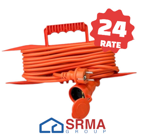 Kotur produžnog kabla narandžaste boje sa bedžom kupovina na 24 rate i logom SRMA