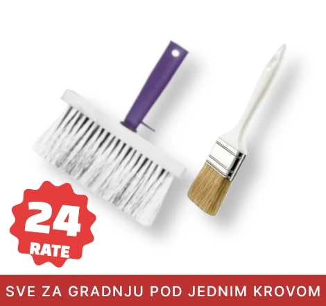 Dve četke za farbanje jedna se belom drškom druga sa purpurnom na svetloj pozadini i sa bedžom za prodaju na 24 rate