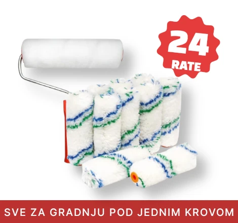 Velur valjak sa belim uloškom i narandžastim rukohvatom i više uložaka različitih dimenzija bele boje sa zelenim i plavim šarama